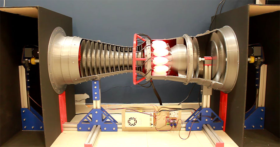 Modelo de una turbina de gas impresa en 3D y que funciona